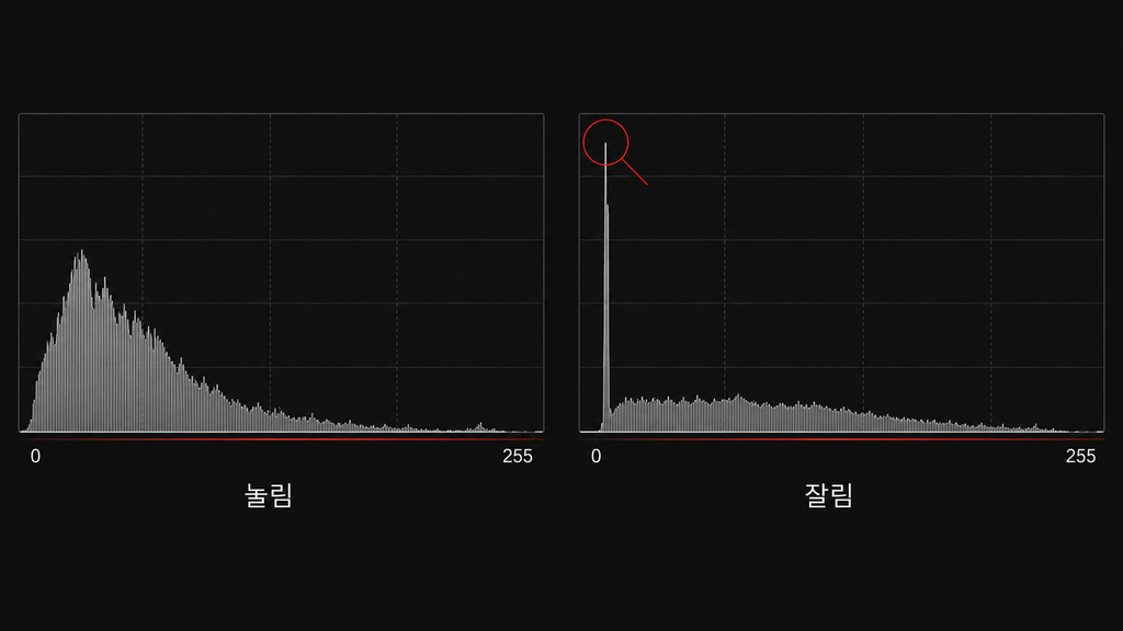 블랙 레벨 때문에 어두운 부분이 뭉개진다 — 확인할 3가지 3 블랙 레벨이 눌린 히스토그램과 잘린 히스토그램 비교