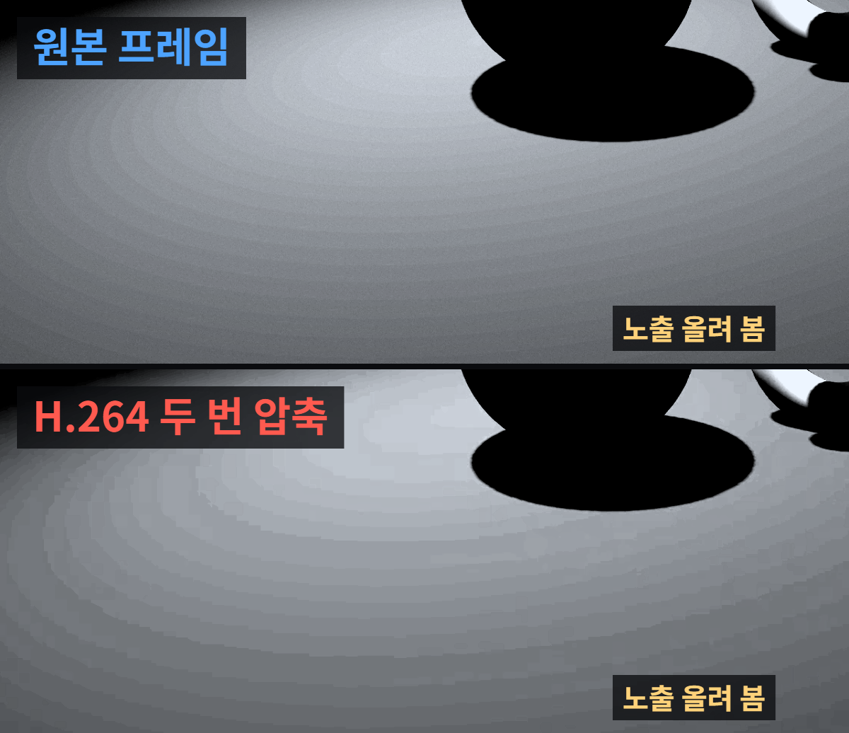 애프터이펙트 렌더 파일이 너무 크거나 업로드 후 색이 깨질 때: ProRes와 H.264 고르는 법 1 같은 3D 렌더 프레임을 H.264로 두 번 압축한 뒤 노출을 올려 비교한 모습: 원본은 바닥 그라데이션이 고르고, 두 번 압축본은 계단과 네모 블록이 생김