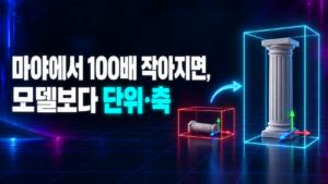 블렌더3D 모델이 마야에서 작아지고 누운 모습과 제 크기로 선 모습을 비교한 썸네일
