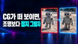 CG가 접지 그림자 없이 떠 보이는 모습과 접지 그림자로 바닥에 붙은 모습을 비교한 썸네일