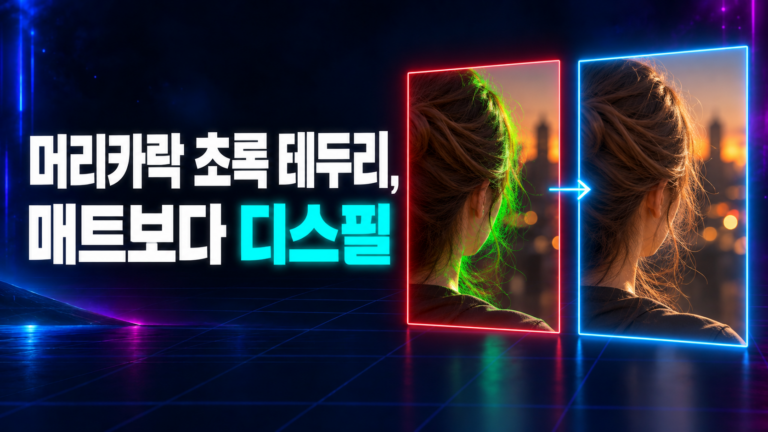 크로마키 합성에서 머리카락 가장자리에 초록 번짐이 남은 모습과 디스필 후 자연스러운 모습을 비교한 썸네일