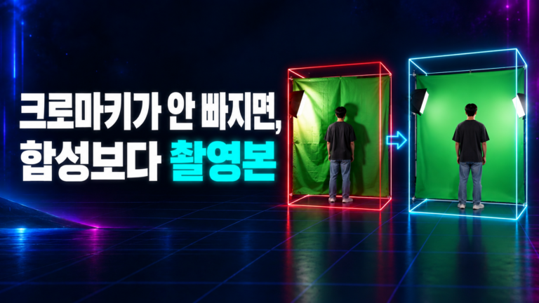 크로마키 촬영에서 주름과 얼룩진 스크린과 고르게 밝은 스크린을 비교한 썸네일