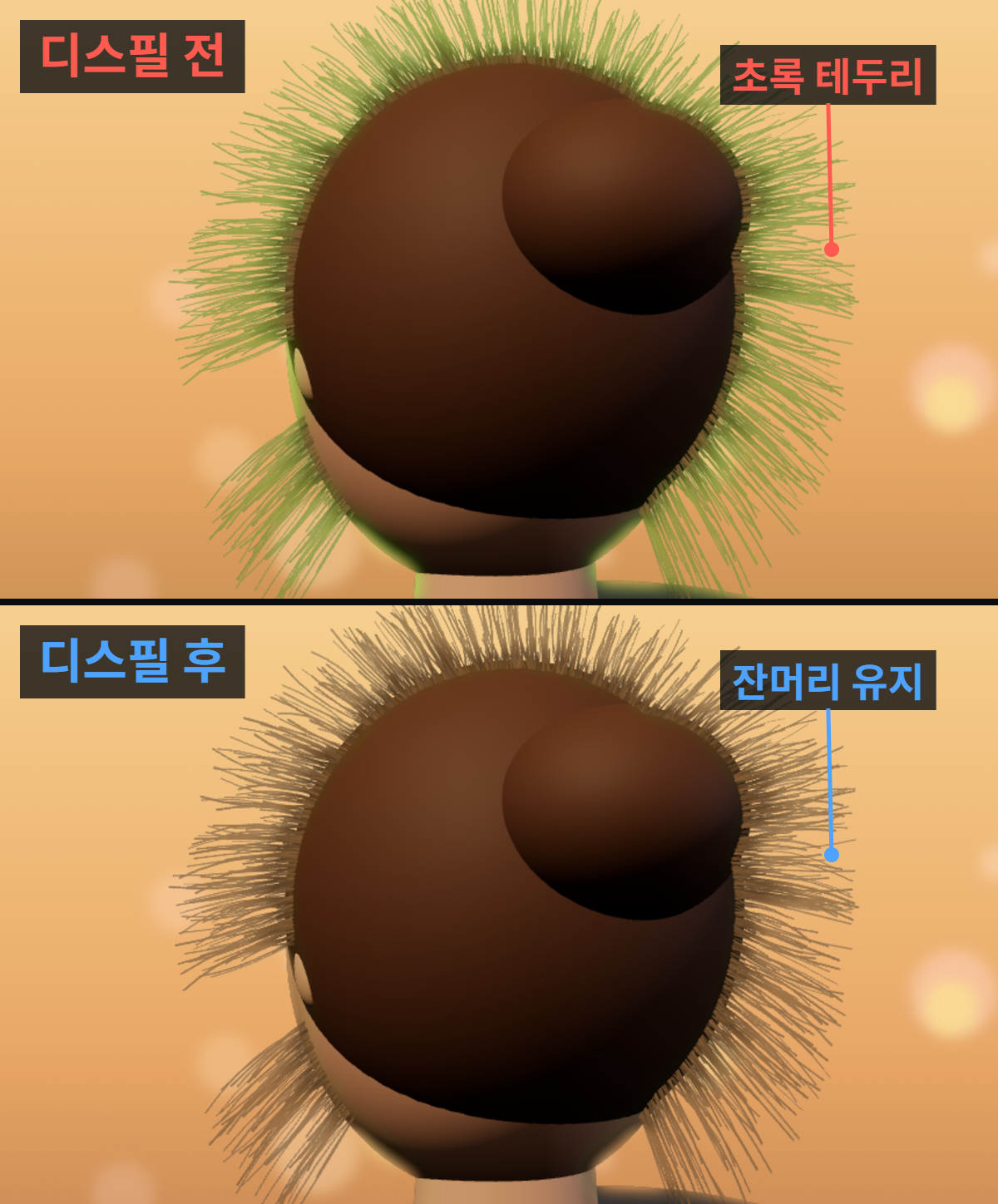 크로마키 합성 후 머리카락에 초록 테두리가 남을 때: 매트와 디스필 나눠 고치기 1 크로마키 합성 3D 렌더 비교: 디스필 전에는 잔머리를 따라 초록 테두리가 남고, 디스필 후에는 잔머리가 갈색으로 남는다