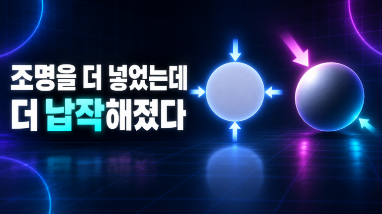 사방에서 채워 납작해진 구체와 키·필 위계로 입체감이 살아 있는 구체를 비교한 도식