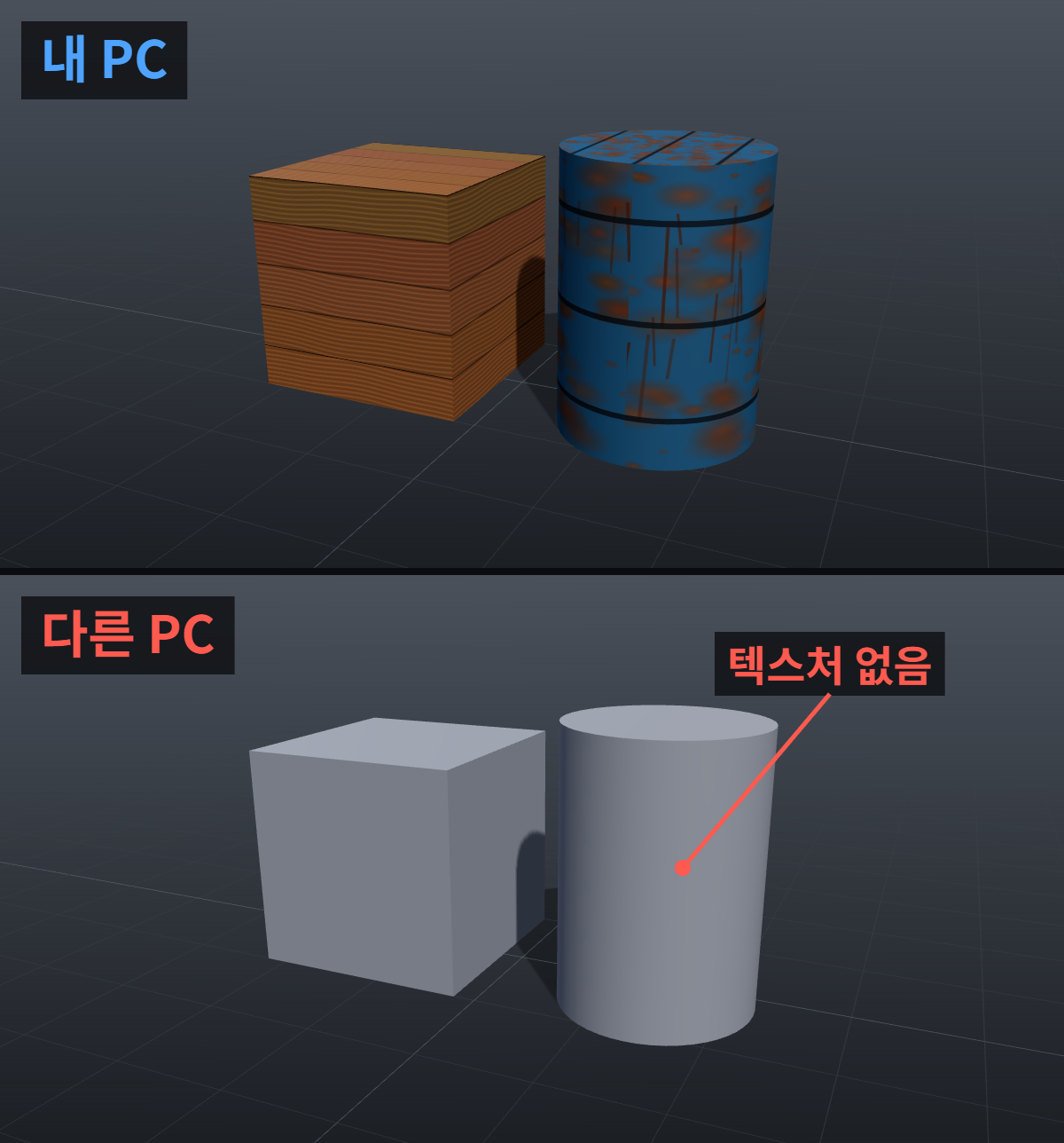 마야 씬을 다른 PC에서 열면 텍스처가 안 보일 때: Set Project와 경로 확인 1 마야 텍스처 안 보임 비교: 같은 나무 상자와 녹슨 드럼통이 내 PC에서는 텍스처가 입혀져 보이고 다른 PC에서는 회색 클레이로 보이는 비교 렌더