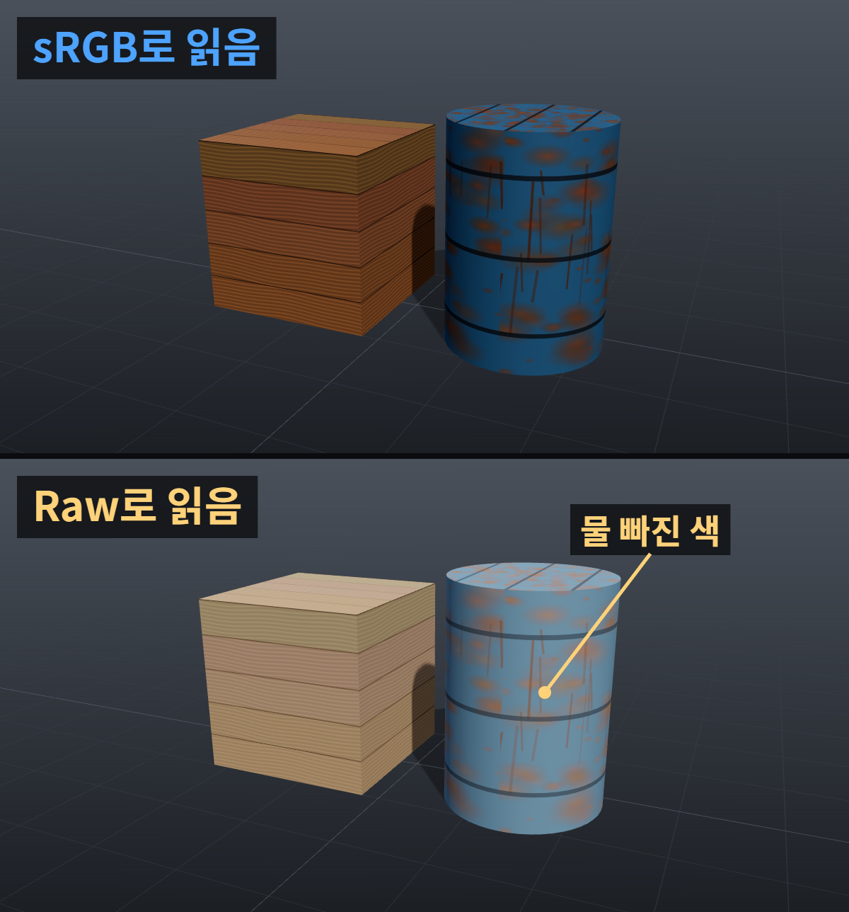 마야 씬을 다른 PC에서 열면 텍스처가 안 보일 때: Set Project와 경로 확인 2 같은 나무·녹 텍스처를 sRGB로 읽은 렌더와 Raw로 읽어 색이 옅고 뿌옇게 뜬 렌더를 위아래로 비교