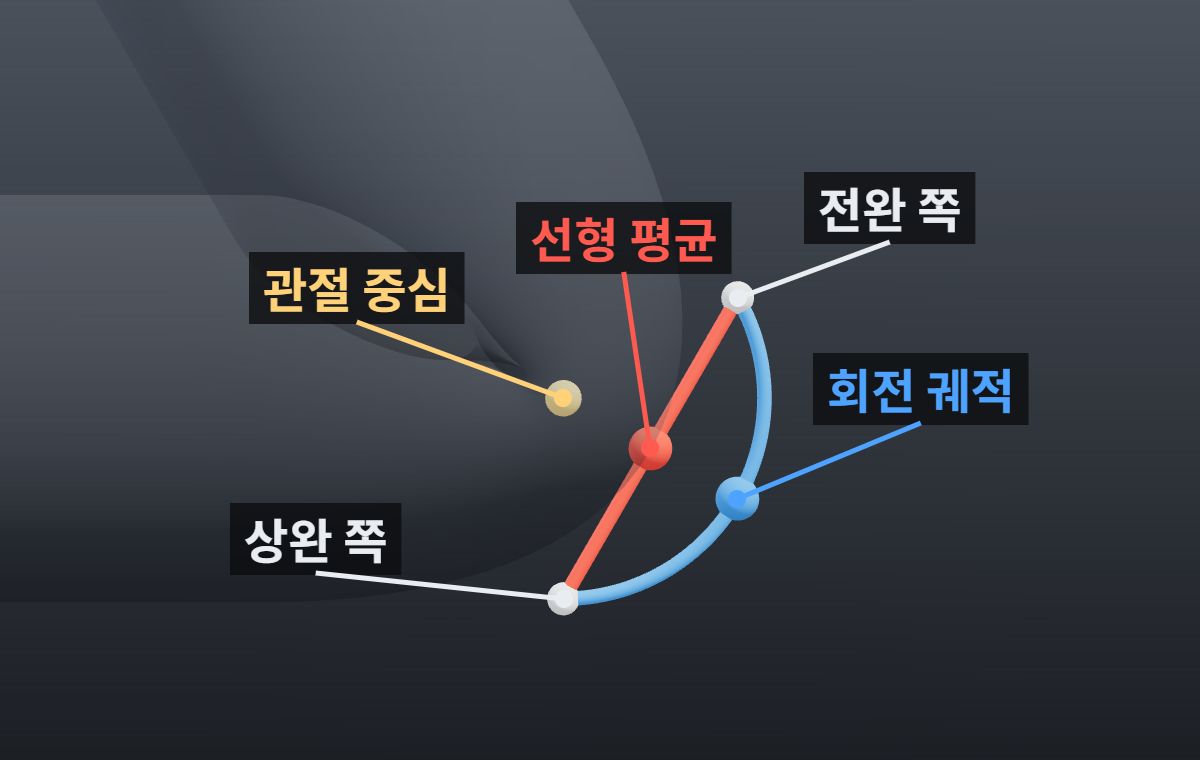 마야 리깅에서 팔꿈치가 납작해질 때: 웨이트와 스키닝 방식 구분 2 팔꿈치 바깥쪽 버텍스 하나가 상완 쪽 위치에서 전완 쪽 위치로 옮겨 가는 경로. 선형 블렌드는 직선 지름길을 따라 관절 중심 쪽으로 들어오고, 듀얼 쿼터니언은 관절을 도는 원호를 따른다