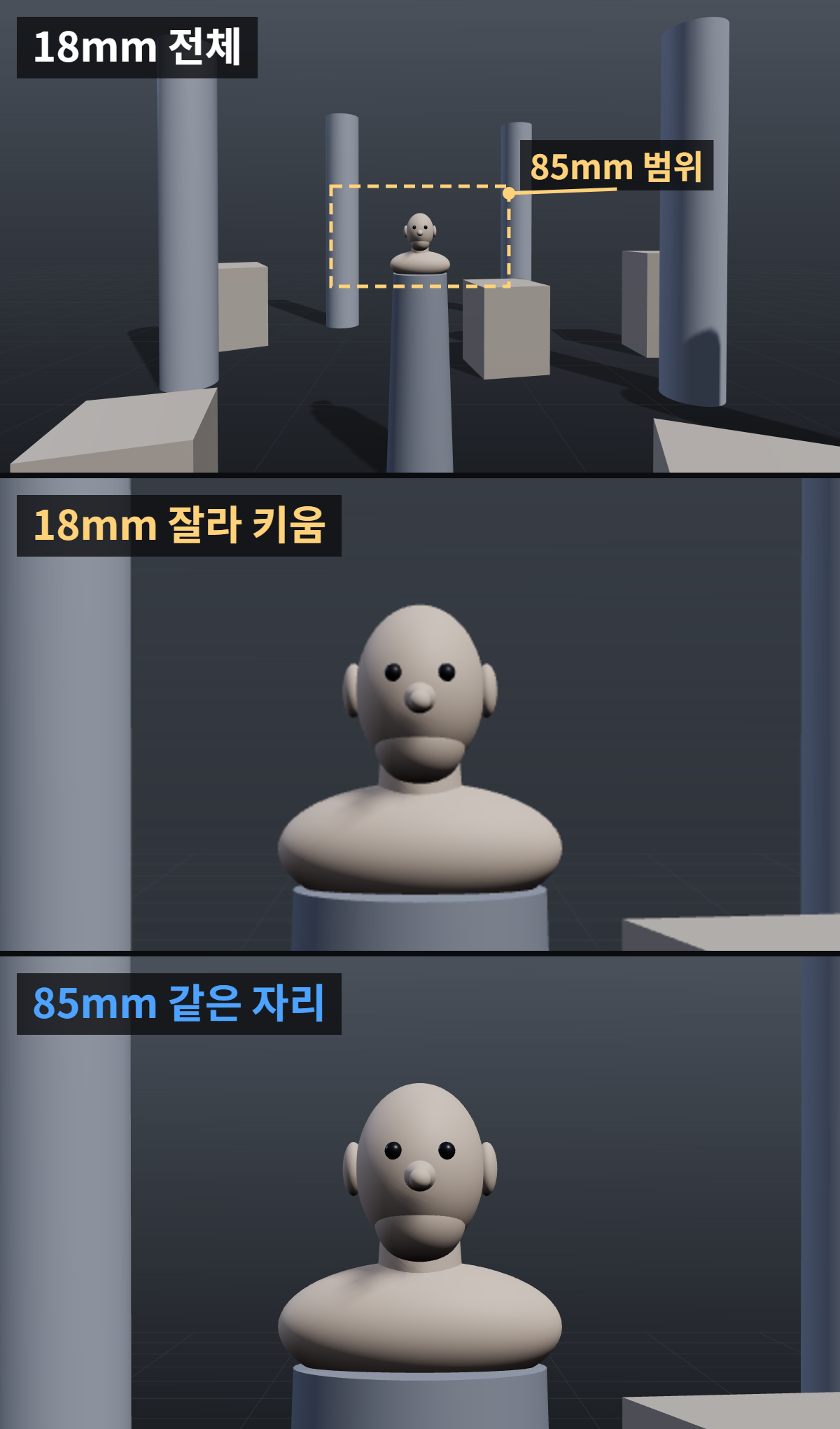 마야 카메라에서 광각으로 얼굴이 길어질 때: 렌즈보다 거리 확인 1 광각렌즈 왜곡 비교: 같은 카메라 위치의 광각 화면과 중앙 크롭 비교
