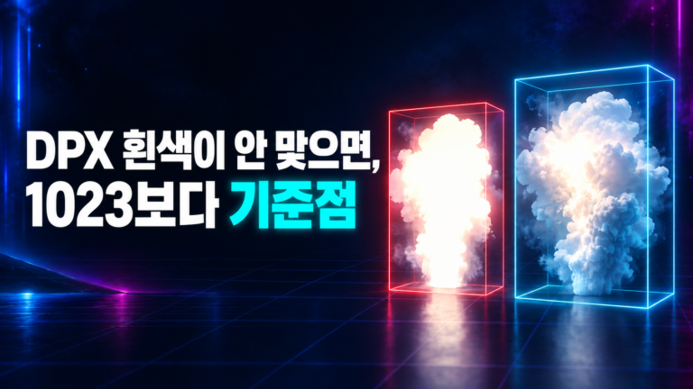 DPX 플레이트의 하이라이트가 뭉개진 변환과 디테일이 남은 변환을 빨간색과 파란색으로 비교하며 기준점 확인을 강조합니다.