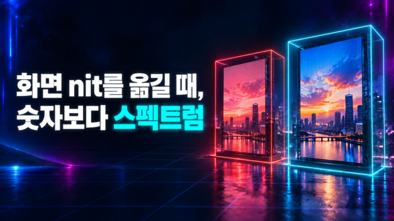 화면 nit를 CG로 옮길 때 수치보다 스펙트럼을 기준으로 삼는다는 메시지와 LED 발광 비교 장면