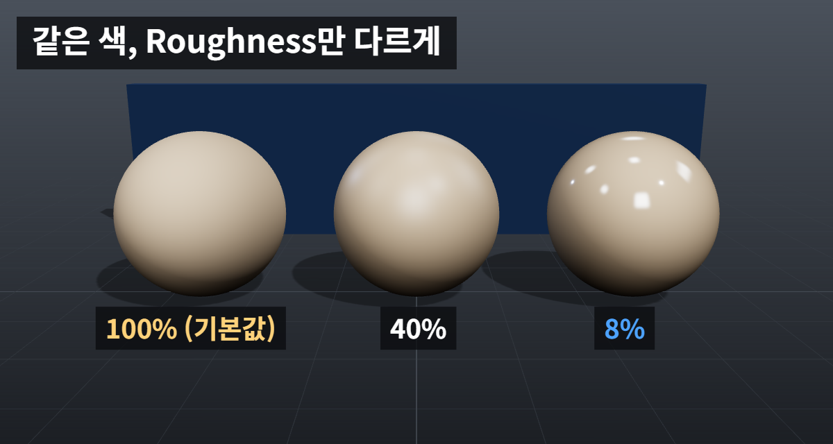 스케치업 엔스케이프로 렌더하면 재질이 달라질 때: 스케치업 재질과 Enscape 재질 편집 구분 2 엔스케이프 Roughness 값이 낮아질수록 반사가 선명해지는 재질 비교