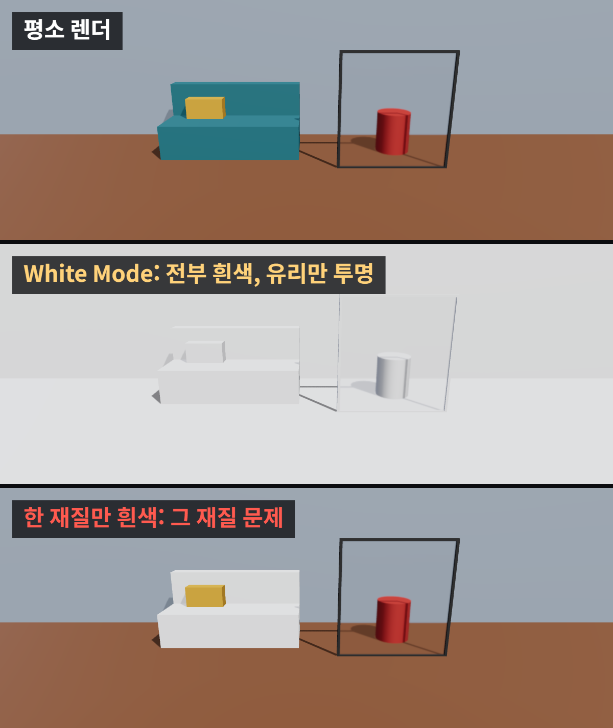스케치업 엔스케이프로 렌더하면 재질이 달라질 때: 스케치업 재질과 Enscape 재질 편집 구분 1 엔스케이프 White Mode가 켜져 전체 재질이 흰색일 때와 한 재질만 흰색일 때의 차이