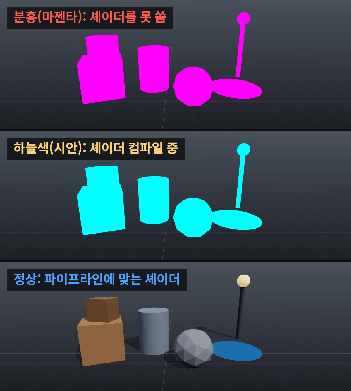 유니티 에셋을 넣자마자 분홍색이 됐다면, 에셋이 아니라 프로젝트 설정 문제 1 유니티 에셋 색으로 구분하는 상태 비교: 음영 없는 분홍은 셰이더를 못 쓰는 상태, 하늘색은 셰이더 컴파일 중, 정상은 음영과 재질이 보임