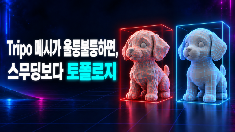 Tripo AI 모델 메시가 울퉁불퉁할 때 불규칙한 삼각형 메시와 정돈된 쿼드 토폴로지를 비교한 그림