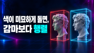 색이 미묘하게 돌면 감마보다 YCbCr 행렬을 먼저 확인하라는 썸네일, 녹색·자홍으로 틀어진 조각상과 정상 조각상 비교